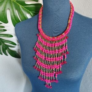 Boho Fushia Pink Crystal Bead Bib Necklace Set